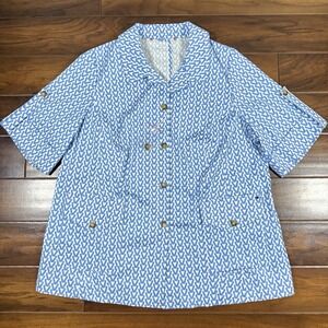 Marina Rinaldi Sport Size 31 / US 22 Blue White V Print Cotton Blazer Jacket